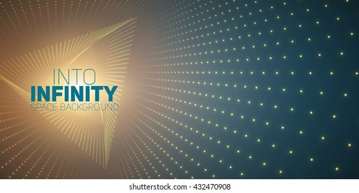 Vector infinite triangle twisted tunnel of shining flares on green background. Glowing points form tunnel. Abstract cyber colorful background. Elegant modern geometric wallpaper. Shining points swirl.