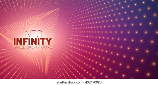 Vector infinite triangle twisted tunnel of shining flares on violet background. Glowing points form tunnel. Abstract cyber colorful background. Elegant modern geometric wallpaper. Shining points swirl