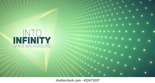 Vector infinite triangle twisted tunnel of shining flares on green background. Glowing points form tunnel. Abstract cyber colorful background. Elegant modern geometric wallpaper. Shining points swirl.