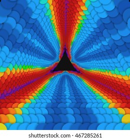 Vector infinite triangular tunnel of colorful circles on dark background. Spheres form tunnel sectors. Abstract cyber colorful background for your designs. Elegant modern geometric wallpaper.