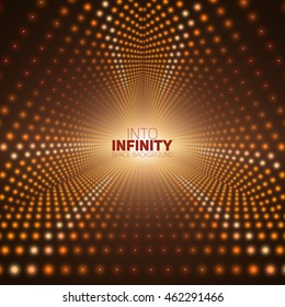 Vector infinite triangular tunnel of shining flares on dark background. Glowing points form tunnel sectors. Abstract cyber colorful background for your designs. Elegant modern geometric wallpaper.