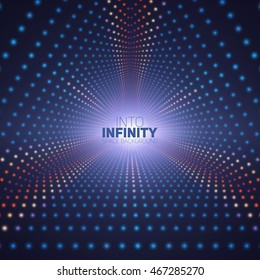 Vector infinite triangular tunnel of shining flares on dark background. Glowing points form tunnel sectors. Abstract cyber colorful background for your designs. Elegant modern geometric wallpaper.
