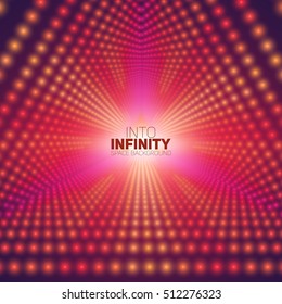 Vector infinite triangular tunnel of shining flares on background. Glowing points form tunnel sectors. Abstract cyber colorful background for your designs. Elegant modern geometric wallpaper.