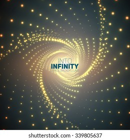 Vector infinite triangular twisted tunnel of shining flares on turquoise background. Glowing points form tunnel sectors. Abstract cyber colorful background. Elegant modern geometric wallpaper.