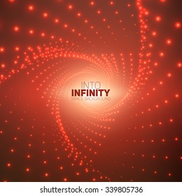 Vector infinite triangular twisted tunnel of shining flares on red background. Glowing points form tunnel sectors. Abstract cyber colorful background. Elegant modern geometric wallpaper.