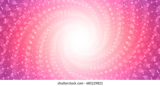 Vector infinite  tunnel of shining flares on pink background with shallow depth of field. Glowing points form tunnel sectors. Abstract cyber colorful backdrop. Elegant modern geometric wallpaper.