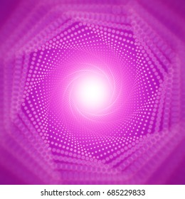 Vector infinite tunnel of shining flares on violet background with shallow depth of field. Glowing points form tunnel sectors. Abstract cyber colorful backdrop. Elegant modern geometric wallpaper.