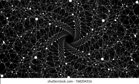 Vector infinite twisted hexagonal space background. Matrix of glowing stars with illusion of depth, perspective. Geometric backdrop with point array as honeycomb. Abstract futuristic universe.