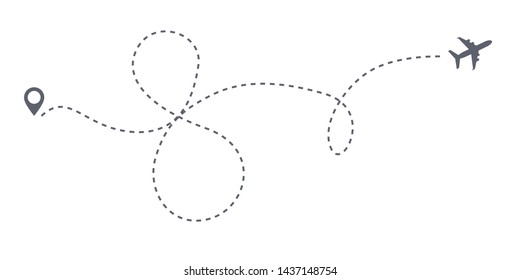 Vector infinity or 8 eight airplane route travel path. Air plane flight route with start point and dash line trace. Women's day 8 march travel, difficult way vector path isolated in white background.