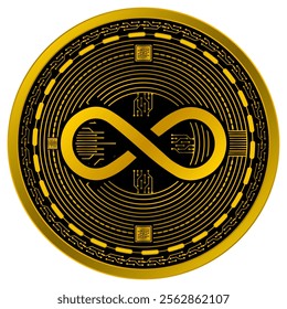 Vector of Infinity Digital Currency in gold and black colors on a white background.
