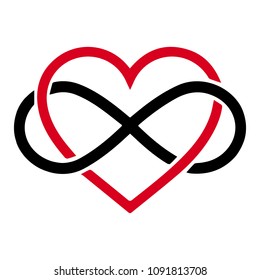 Vector infinity icon, eternal life idea. Illustration of an eternity symbol placed on red heart, love forever concept.