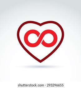 Vector infinity icon, eternal life idea.  Illustration of an eternity symbol placed on a red heart - love forever concept.