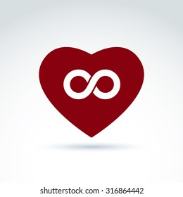 Vector infinity icon, eternal life idea.  Illustration of an eternity symbol placed on red heart, love forever concept.