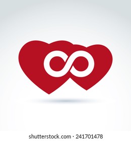 Vector infinity icon. Illustration of an eternity symbol placed on a red heart - love forever concept. Two Valentine hearts connected Ã?Â¢?? marriage idea. 