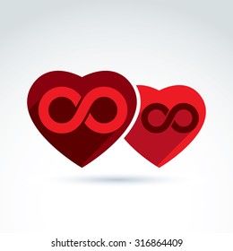 Vector infinity icon. Illustration of an eternity symbol placed on red heart, love forever concept. Two Valentine hearts connected, marriage idea. 