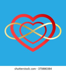 Vector infinity icon. Illustration of an eternity symbol placed on a red heart - love forever concept. Two Valentine hearts connected. marriage idea.