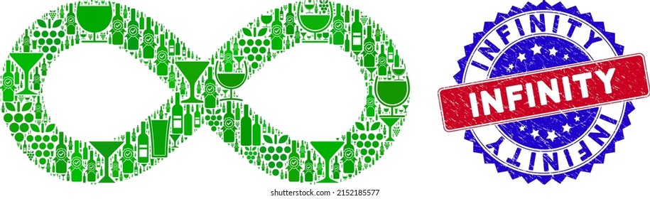 Vector infinity icon wine mosaic and grunge bicolor Infinity seal stamp. Red and blue bicolored watermark with grunge surface and Infinity text. Infinity mosaic icon is designed with wine cups,