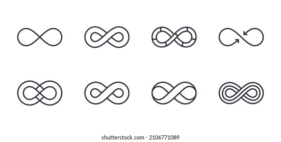 Vector infinity icons. Editable stroke. The symbol of the unlimited in mathematics, space. Set of different lines of shapes. Black geometric elements on a white background. Stock thin illustration