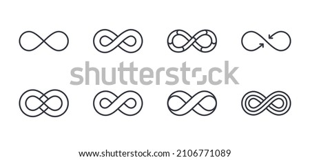 Vector infinity icons. Editable stroke. The symbol of the unlimited in mathematics, space. Set of different lines of shapes. Black geometric elements on a white background. Stock thin illustration