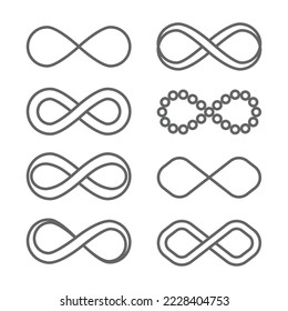 Vektorgrafik-Infinity-Symbole. Das Symbol des Unbegrenzten in Mathematik, Raum. Set, Sammlung verschiedener Formen. Schwarze geometrische Elemente auf weißem Hintergrund. Stockdünne Illustration