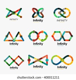 Vector infinity logo set, flat geometric colorful icon design of lines