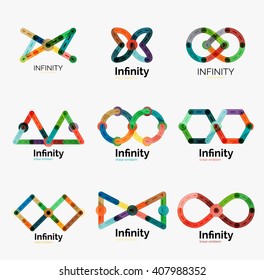 Vector infinity logo set, flat geometric colorful icon design of lines