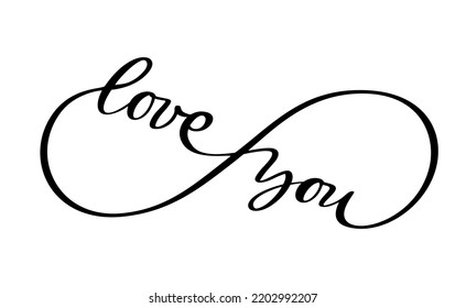 Vector infinity sign with Love you words inscription text. Forever friends or family. Black vector tattoo stencil love symbol. Wedding icon. Marriage or Valentines day.