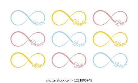 Vector infinity symbols. Colored repetition and unlimited cyclicity icon and sign illustration on white background. Forever, dream, love, hope, strong, believe, live, faith, family