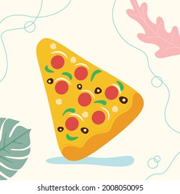 Colchón hinchable vectorial en forma de pizza naranja cerca de la piscina. Ilustración vectorial en un fondo lindo.