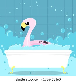 Vector Inflatable Pink Flamingo Toy on Bath Background. Swimming Pool Ring for Kids. Rubber Tropical Bird Shape.