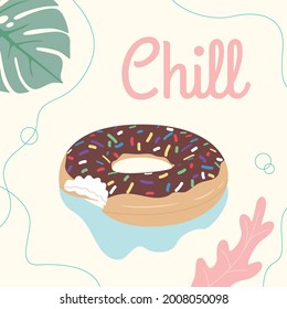 Vector inflatable ring in the form of a brown donut with a stick at the pool. Vector illustration.