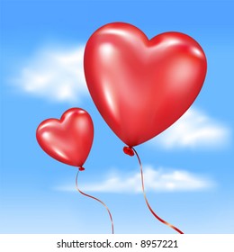 Vector. Inflated heart-shaped balloons in vector sky