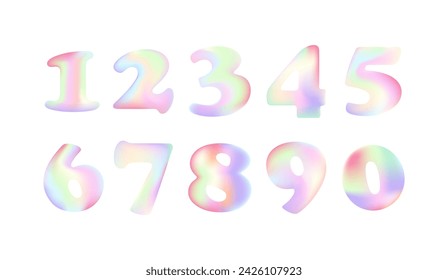 Vector inflated holographic balloons numbers. Set for anniversary or discount design. Colorful Gradient number 1,2,3,4,5,6,7,8,9,0.Design element for holiday greeting, banners, certificates, postcards