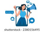 Vector of an influencer young woman shouting in loud speaker with social media icons. 
