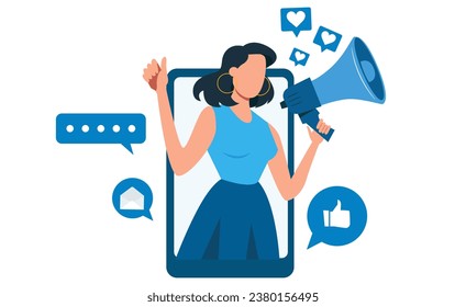 Vector of an influencer young woman shouting in loud speaker with social media icons. 