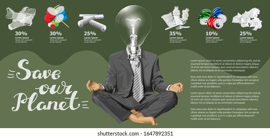 Gráfico De Información Del Vector O Infografías. Imagen Conceptual De Diferentes Basura Reciclada. Cabeza De Lámpara De Yoga En Lotus Pose E Inscripción Salvemos Nuestro Planeta