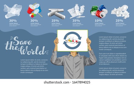 Info-Chart oder Infografik der Vektorillustration. Konzeptuelles Bild von verschiedenen Recycling-Müll. Menschen mit Leere oder Poster und Inschriftenkunde retten die Welt
