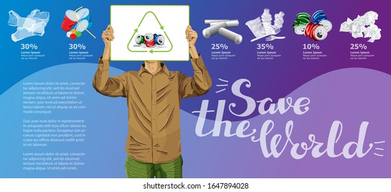 Vector Info Chart Or Infographics. Conceptual Image Of Different Recycling Garbage. Man With Empty Board Or Poster And Inscription Save The World