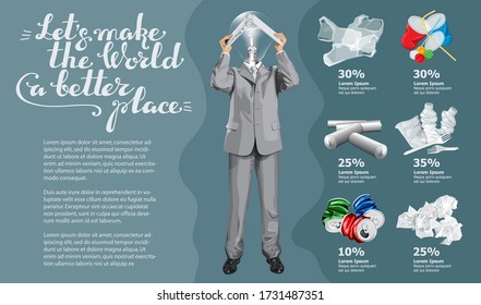 Vector Info Chart Or Infographics. Conceptual Image Of Different Recycling Garbage. Lamp Head Man With Laptop And Inscription Lets Make The World A Better Place