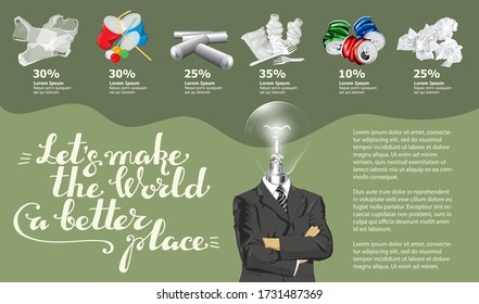 Vector Info Chart Or Infographics. Conceptual Image Of Different Recycling Garbage. Lamp Head Man And Inscription Lets Make The World A Better Place