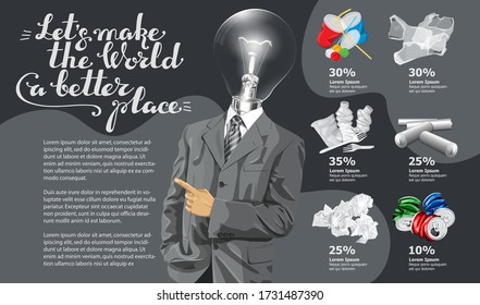 Vector Info Chart Or Infographics. Conceptual Image Of Different Recycling Garbage. Lamp Head Man And Inscription Lets Make The World A Better Place