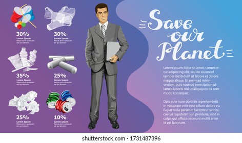 Vector Info Diagramm oder Infografiken. Konzeptuelles Bild von verschiedenen Recycling-Müll. Der Mensch mit Laptop und Inschrift rettet unseren Planeten
