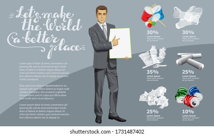 Vector Info Chart Or Infographics. Conceptual Image Of Different Recycling Garbage. Man With Empty Board Or Poster And Inscription Lets Make The World A Better Place