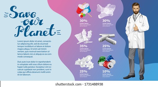 Vector Info Chart Or Infographics. Conceptual Image Of Different Recycling Garbage. Doctor Man And Inscription Lets Make The World A Better Place
