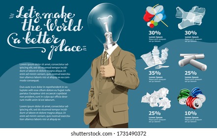 Vector Info Chart Or Infographics. Conceptual Image Of Different Recycling Garbage. Lamp Head Man And Inscription Lets Make The World A Better Place