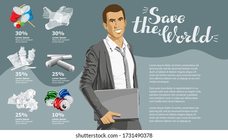 Vector Info Diagramm oder Infografiken. Konzeptuelles Bild von verschiedenen Recycling-Müll. Der Mensch mit Laptop und Inschrift rettet die Welt