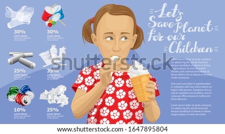Vector Info Chart Or Infographics. Conceptual Image Of Different Recycling Garbage. Girl With Ice Cream And Inscription Lets Save Planet For Our Children