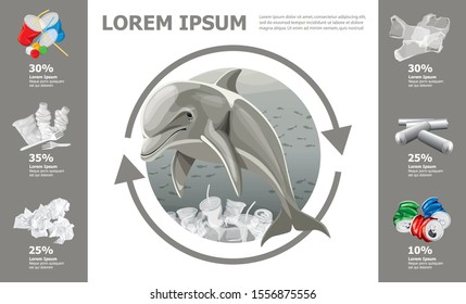 Vector Info Chart Or Infographics With Dolphin. Recycling Sign. Conceptual Image Of Different Recycling Garbage