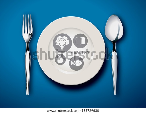 Vector info graphic illustration of new\
my plate replaces food pyramid on blue black\
ground