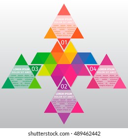 Vector info graphic template. Vector design from the hexagons divided into multi-colored triangles.
